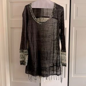 Free People Boho Tunic Top Large Gray Green. Cool fringed back.